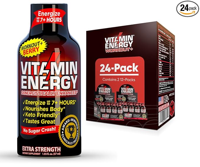 Vitamin Energy Workout+ Extra Strength Daily Energy Shot – Berry – 260mg Natural Caffeine, B-Vitamins – Pre-Workout & Endurance Support – Zero Sugar, Vegan, Kosher – 1.93 fl oz, 24-Pack