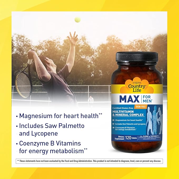 Country Life Max for Men Multivitamin: Iron-Free, Gluten Free, Saw Palmetto, Lycopene, Daily Support for Energy, Heart & Men's Health,120 Vegetarian Tablets