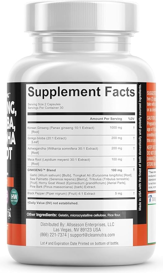 Clean Nutraceuticals Panax Ginseng 10000mg Ginkgo Biloba 4000mg Ashwagandha Maca Root 3000mg - Focus Supplement Pills for Women and Men with Pine Bark Extract, Garlic, and Saw Palmetto - 2Pack