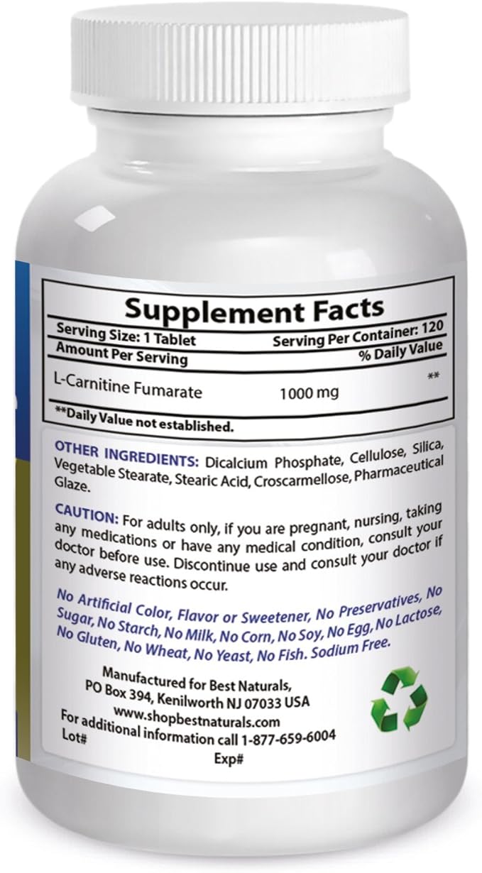 Best Naturals L-Carnitine Fumarate 1000mg per Tablet - 120 Count - Boosts Cellular Energy