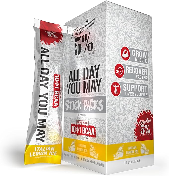5% Nutrition Rich Piana AllDayYouMay BCAA Powder | 9g of Premium Intra & Post Workout Amino Acids for Hydration, Endurance, Muscle Recovery, Joint & Liver Support (Italian Lemon Ice)