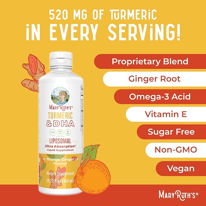 MaryRuth Organics | Liposomal Turmeric & DHA | Curcumin | Ginger Root Oil | Algal DHA & Vitamin E | Cognitive Function | Mood Support | Joint Health | Liquid Supplement | 15.22 oz