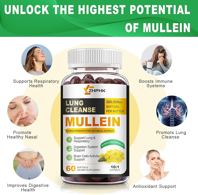 Mullein Leaf Extract for Lungs Softgels, Lung Detox Cleanse Respiratory Lung Support, Herbal Supplements for Smokers, Vegan, Non-GMO, Immune Digestive Support, 120-Count, 120 Days Supply