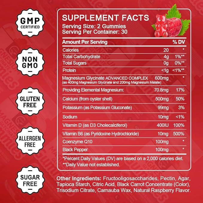 Magnesium Glycinate Gummies 400mg, Mg Potassium Supplement with Chelated Magnesium Malate Complex, Vitamin D, B6, and CoQ10, Supports for Memory, Calm, Mood & Sleep - 60 Count (Pack of 1)