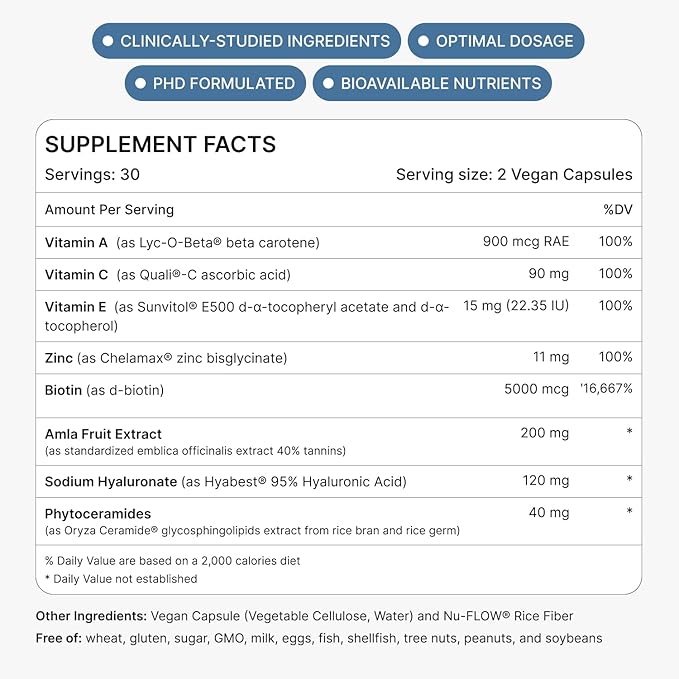 Glow Anti Aging Supplement - Hyabest® Hyaluronic Acid, Ceramide, 5000 mcg Biotin, Vitamin A, C, E, Zinc - Hair Skin Nails Vitamins for Women & Men - Wrinkles & Skin Hydration - 60 Capsules