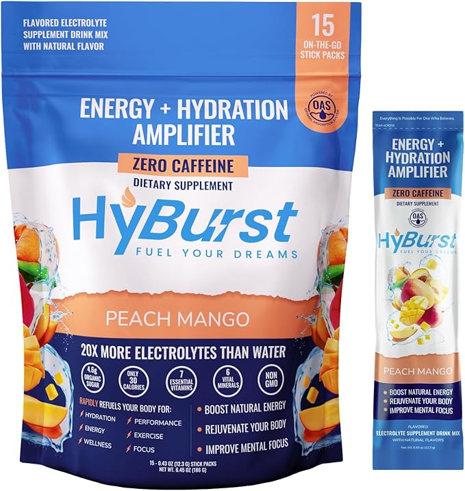 Hyburst Electrolytes Powder Packets with 13 Esstential Nutrients, Improve Energy, 100mg L-Theanine Nootropics, Non-GMO, Vegan, Gluten Free, Peach Mango Drink Mix, 15 Sticks