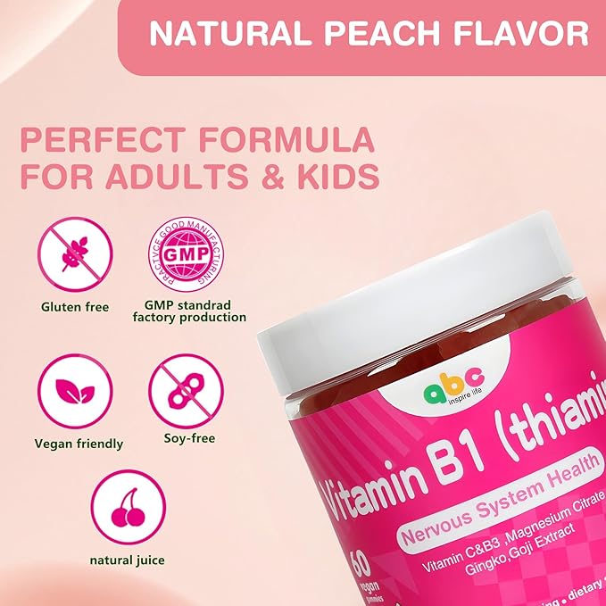 Vitamin B1 Gummies Chewable Thiamine 500mg & Vitamin B3 & Vitamin C,Sugar Free - Non GMO,Vegan,Natural Peach Flavor - Thiamine B1 Supplement for Adults & Kids