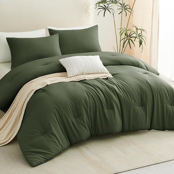 CozyLux Olive Green Comforter Set Full Size, 3 Pieces Solid Breathable Quilted Style Bedding Sets, Dark Olive Green Luxury Fluffy Soft Microfiber Comforter for All Season (1 Comforter & 2 Pillowcases)