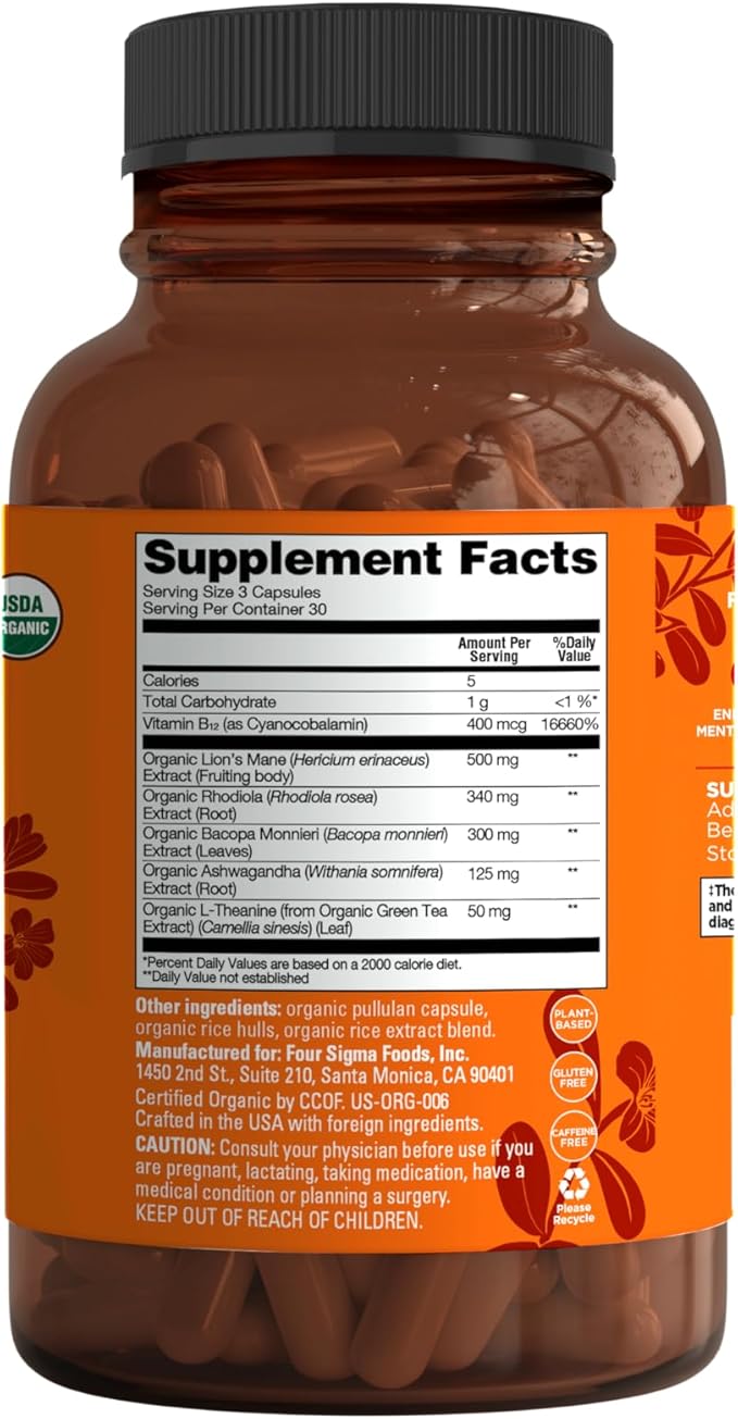 Four Sigmatic Focus Capsules | Lion's Mane Supplement Capsules | Brain Boosting Complex with Ashwagandha, Bacopa Monnieri & Rhodiola | Vegan Nootropic Adaptogen & Mushroom Supplement | 30 Servings