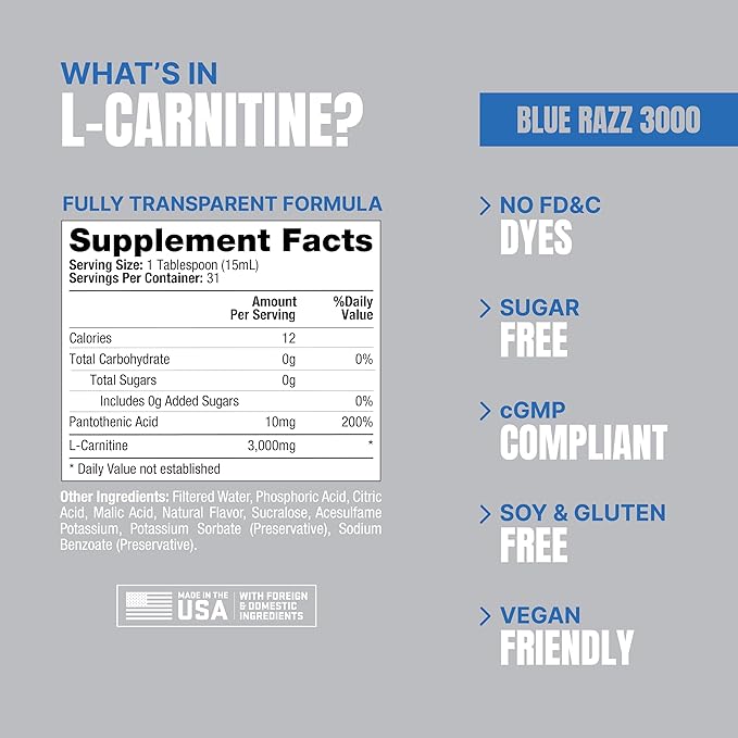 PROSUPPS L-Carnitine Liquid 3000, Stimulant-Free Liquid Shots for Men & Women - Clean Workout Drink for Energy, Performance & Muscle Recovery - No Sugar, No Carbs - 31 Servings, Blue Razz
