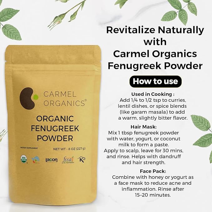 CARMEL ORGANICS Fenugreek |Methi Seeds (Powder, 8 Ounce or 0.5 Lbs)(Pack of 1) | USDA Certified Organic | Non-Gmo | No Added Preservatives | Indian Origin Fenugreek Seeds