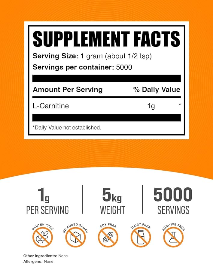 BulkSupplements.com L-Carnitine Powder - Carnitine Supplement, Amino Acid Supplement - Unflavored & Gluten Free, 1g per Serving, 1kg (Pack of 5) (11 lbs)