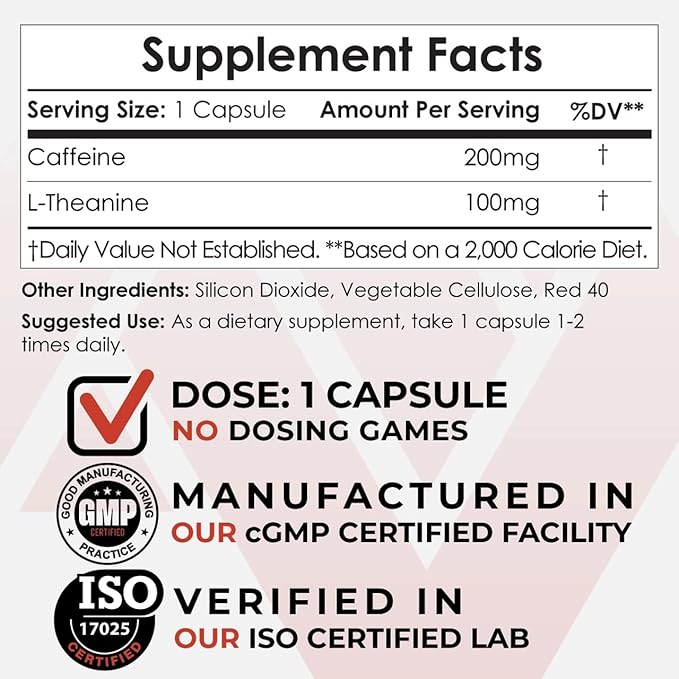 Nootropics Depot Caffeine & L-Theanine Capsules | 180 Pills | Contains 200mg of Caffeine and 100mg of L-Theanine | Natural Supplement | Energy Booster | Mental Focus + Alertness |