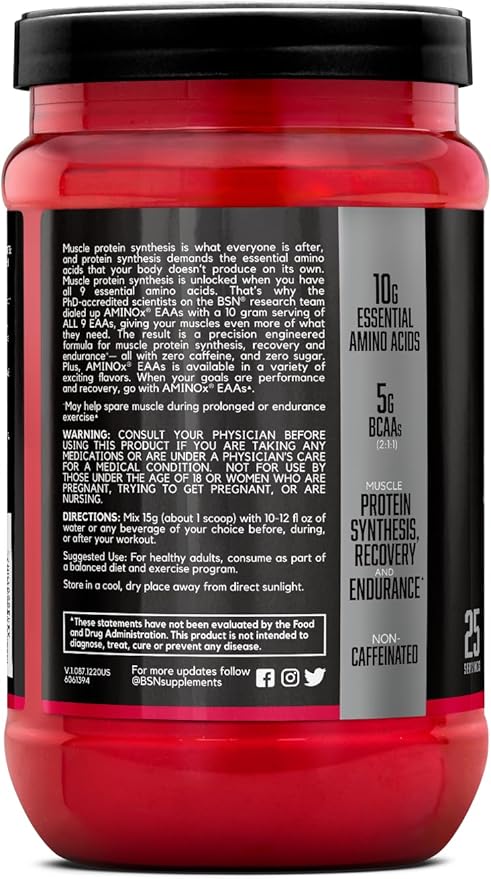 BSN Amino X EAAs, Muscle Recovery & Endurance, 10g Essential Amino Acids, 5g BCAAs, Zero Sugar, Caffeine Free, Strawberry Dragonfruit, 13.2oz, 25 Servings