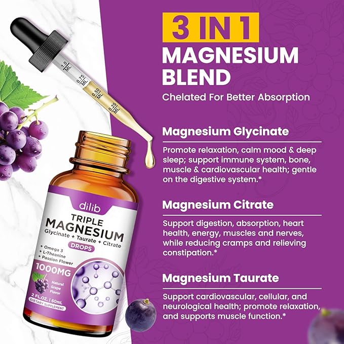 2 Pack Liquid Magnesium Glycinate Supplement, Calm Magnesium Citrate, Taurate Drops with Omega 3, Zinc, Ashwagandha, L-Theanine, Chamomile for Sleep, Mood, Stress Relief, Bone, Muscle, Grape Flavor