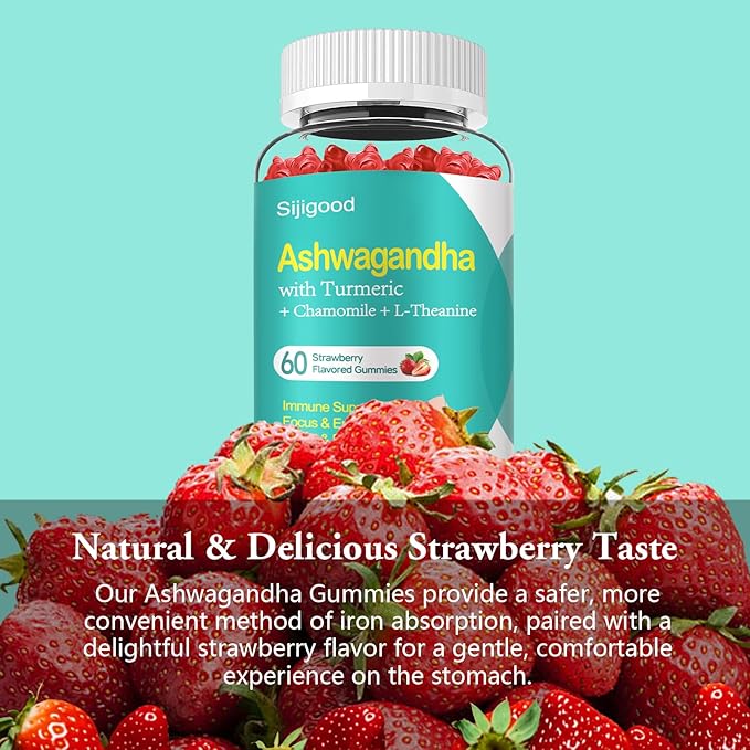2 Pack Ashwagandha Gummies with L-theanine, Ashwa Root Supplement Gummy for Women Men, 120 Strawberry Flavored Gummies