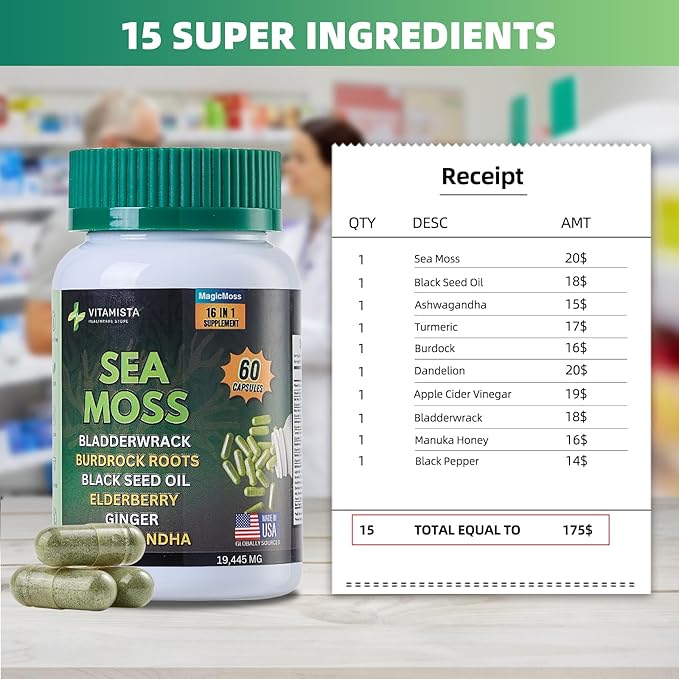 Sea Moss Capsules โ 16-in-1 Sea Moss Supplement with Bladderwrack, Burdock Root, Black Seed Oil, Ashwagandha โ Immune Support & Energy Booster โ 60 Vegan Capsules (19445mg)