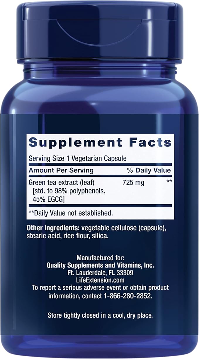 Life Extension Lightly Caffeinated Mega Green Tea Extract, Camellia sinensis Extract with Concentrated EGCG polyphenol Content, Gluten-Free, Non-GMO, Vegetarian, 100 Capsules