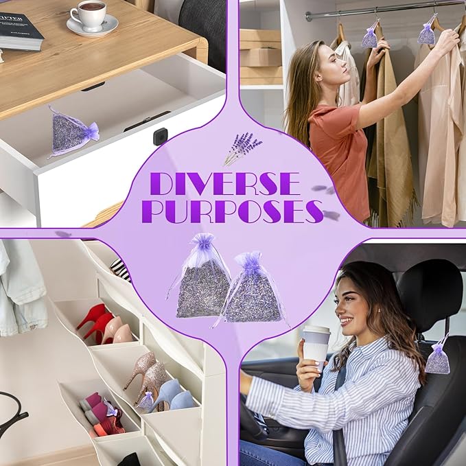 Dried Lavender Sachets for Drawers and Closets, Long-Lasting Air Freshener Bags (24 Bags), Home Fragrance Sachets for Wardrobes,Cars