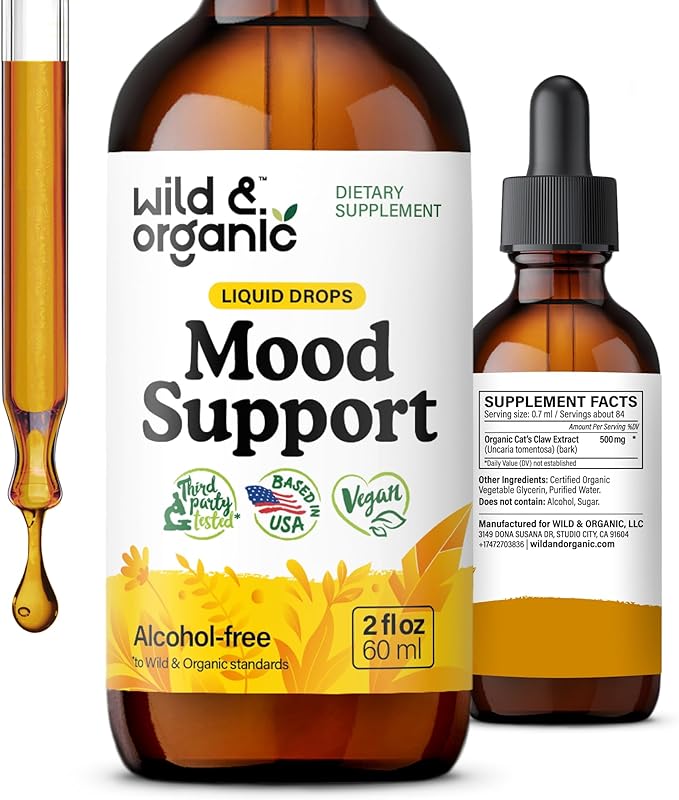 Wild & Organic Mood Support Drops - Good Mood Supplements w/Ashwagandha Root & Rhodiola Rosea - Natural Liquid Drops for Positive Energy - Calm and Relax Supplements for Women and Men - 2 oz