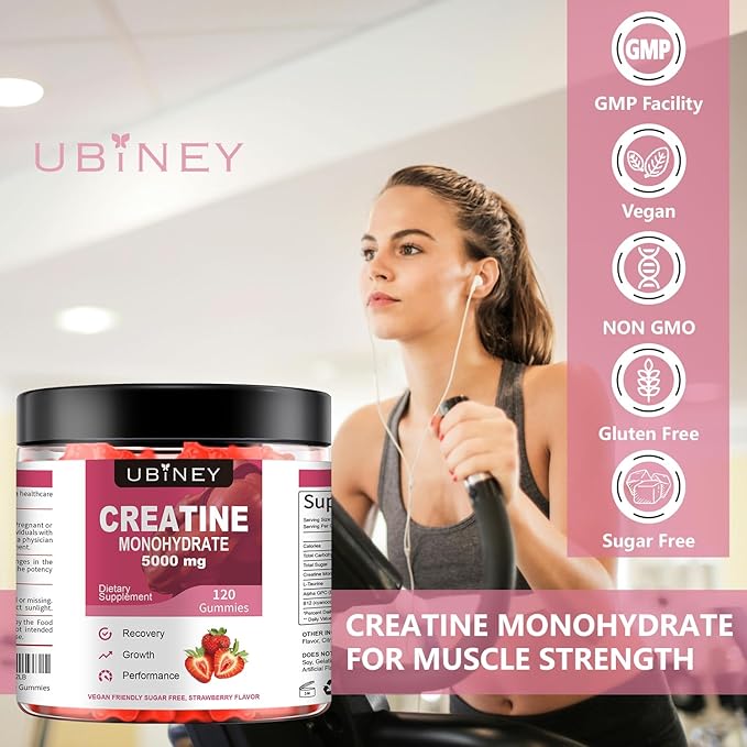 Creatine Monohydrate Gummies 5000mg – Sugar-Free, Vegan, Gluten-Free – Enhanced with Vitamin B12 & L-Taurine for Muscle Growth, Recovery & Strength – Delicious Strawberry Flavor, 120 Count