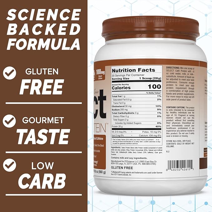 PEScience Select Cafe Protein, Iced Mocha, 20 Servings, Coffee Flavored Whey and Casein Blend with Caffeine