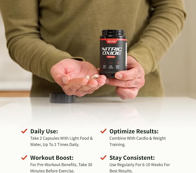 Snap Supplements Nitric Oxide Booster Supplement with L Arginine and L Citrulline Essential Amino Acids and Ginseng Root, Energy, Heart Health, Muscle Growth & Circulation Support, 90 Capsules