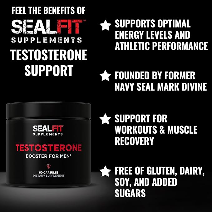 SEALFIT Testosterone Booster for Men. 5-in-1 Supplement with Boron, Tongkat Ali, Fadogia Agrestis, Stinging Nettle Root, and Saw Palmetto. for Energy Boost, Strength, & Muscle Recovery. 60 Capsules