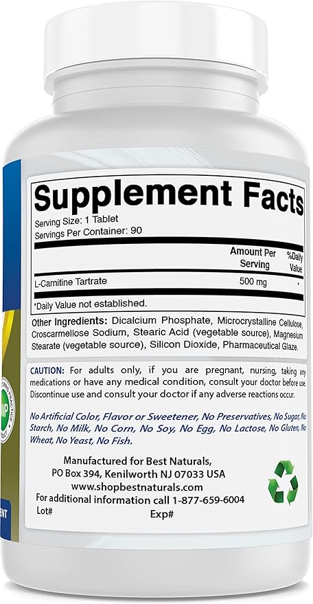 Best Naturals L-Carnitine Tartrate 500 mg 90 Tablets (90 Count (Pack of 3))