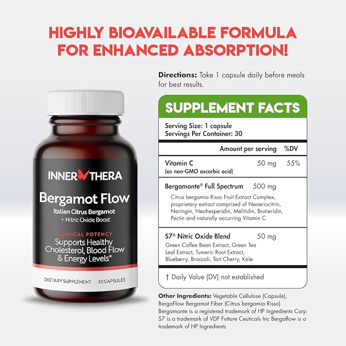 Bergamot Flow Italian Citrus Bergamot + S7 Nitric Oxide, Bergamot Supplement for High Cholesterol - Increase Blood Flow, Circulation & Energy Levels - Made with Patented Italian Bergamonte Extract