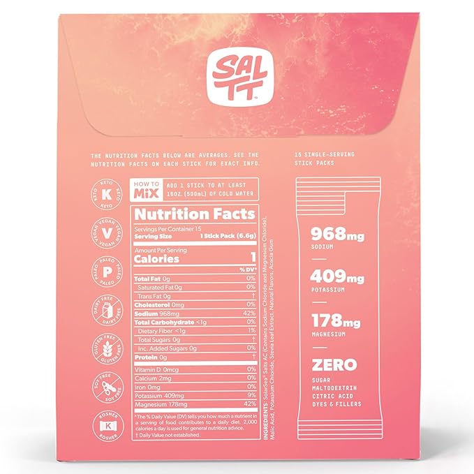 SALTT Electrolytes Powder Flavored Drink Mix - Fruit Flavor - 15 Hydration Packets - Magnesium, Potassium, Sodium, Trace Minerals - Zero Sugar & Gluten Free