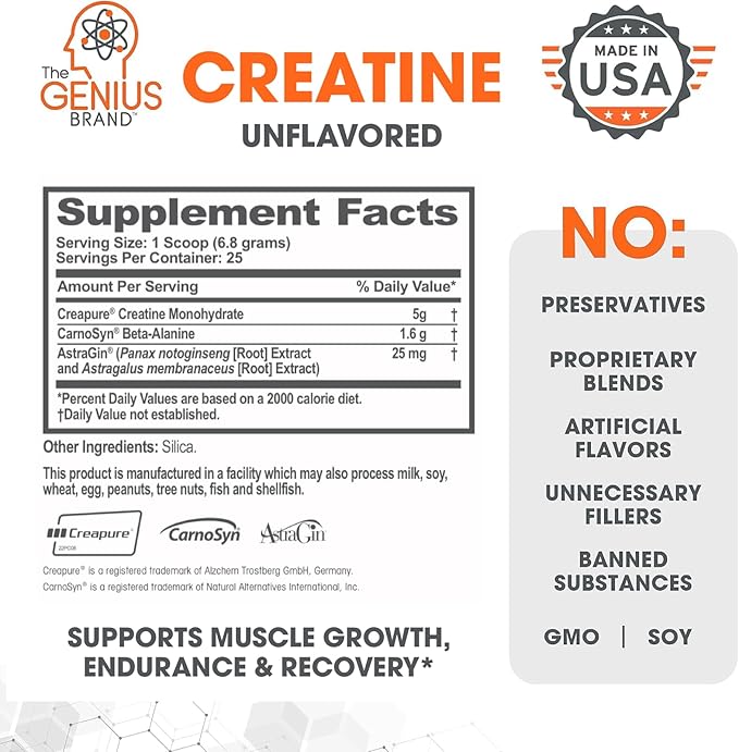 Genius Micronized Creatine Monohydrate Powder, Post Workout Supplement, Unflavored - 100% Naturally Flavored & Sweetened - Supports Muscle Building, Cellular Energy & Cognitive Function – 170g