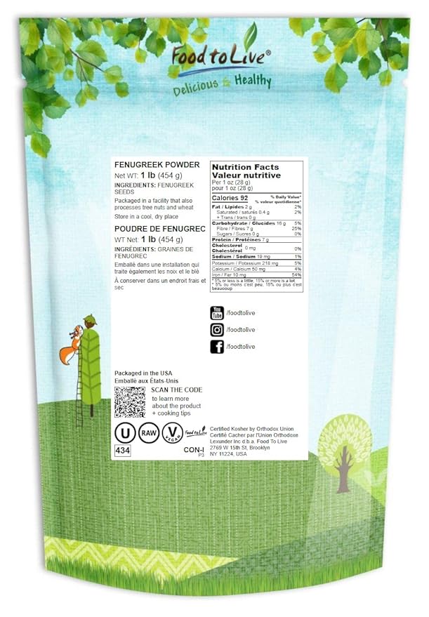 Food to Live Fenugreek Powder, 1 Pound – Ground Methi Seeds, Kosher, Vegan, Bulk. Rich in Dietary Fiber and Iron. Great for Spice Blends, Curries, Chutneys, Vegetable Dishes, and Smoothies