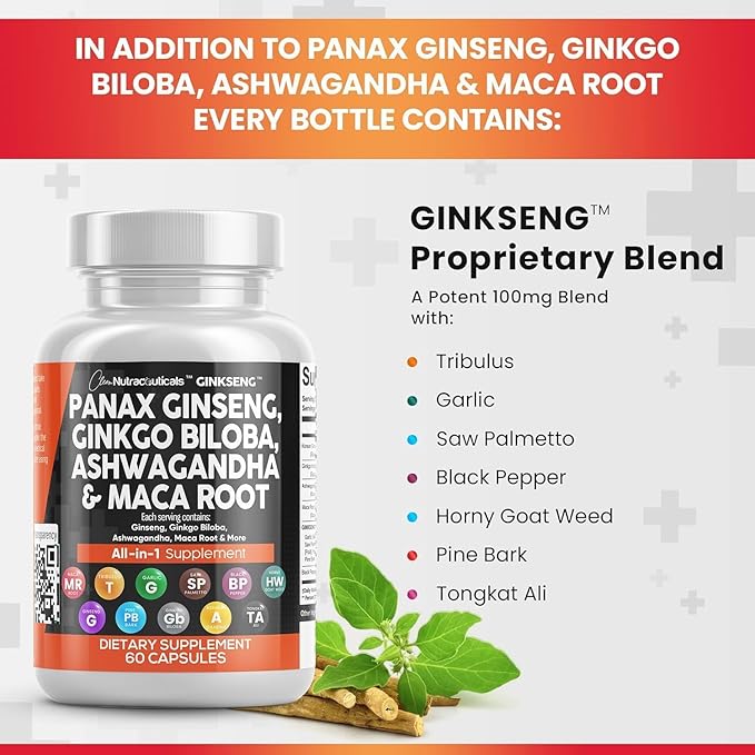 Clean Nutraceuticals Panax Ginseng 10000mg Ginkgo Biloba 4000mg Ashwagandha Maca Root 3000mg - Focus Supplement Pills for Women and Men with Pine Bark Extract, Garlic, and Saw Palmetto - 2Pack