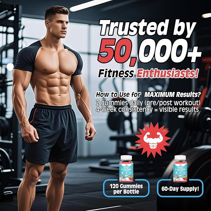 2 Pack HMB & L-Leucine Gummies 4000mg (120 Count) - Sugar Free, Vegan, Non-GMO, Gluten Free - Supports Muscle Growth, Recovery & Endurance for Men, Women & Elder - Raspberry Flavor