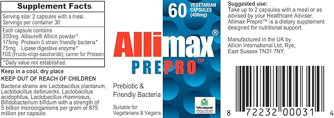 ALLIMAX Pre Pro - 60 Caps. Stabilized allicin Plus prebiotics, probiotics and Digestive enzymes.
