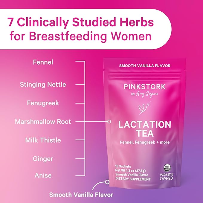 Pink Stork Organic Lactation Support Tea for Breast Milk Supply - Fenugreek, Milk Thistle, + Fennel - Breastfeeding Essentials, Caffeine-Free - Hot or Iced - 15 Sachets, Smooth Vanilla