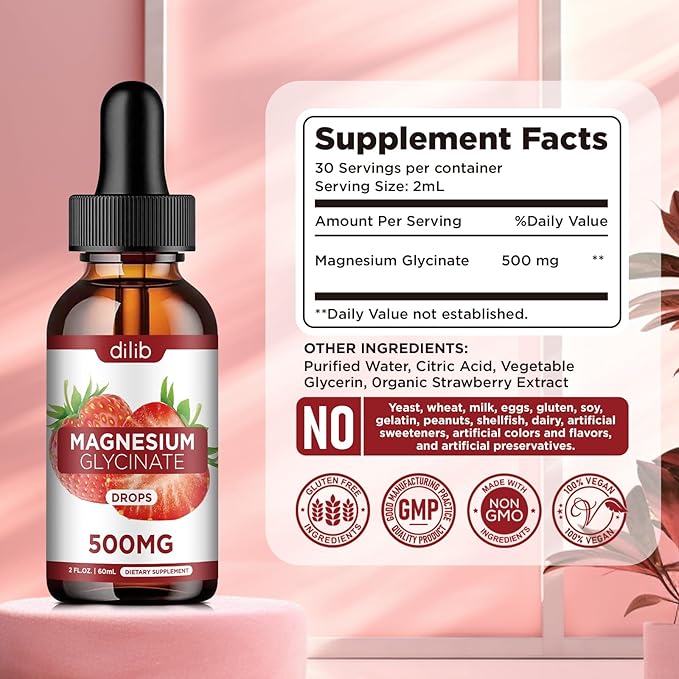(2 Pack) Magnesium Glycinate Supplement, Liquid Magnesium Glycinate Liquid Drops 500mg-Support Stress Relief, Relaxation, Mood, Sleep, Bone & Muscle-4 Fl Oz, Vegan, Strawberry Flavor