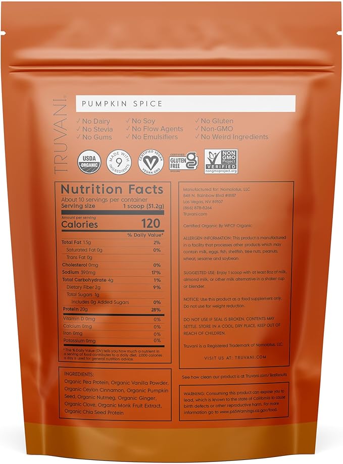 Truvani Vegan Pea Protein Powder | Pumpkin Spice | 20g Organic Plant Based Protein | 10 Servings | Keto | Gluten & Dairy Free | Low Carb | No Added Sugar