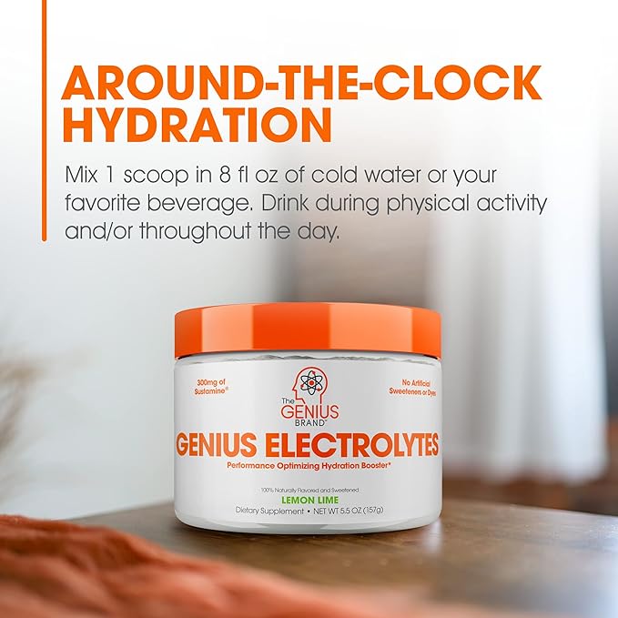 The Genius Brand - Genius Electrolytes Powder Drink Mix, Lemon Lime, 30 Servings - Hydration Booster & Supplement with Potassium, Magnesium & Zinc - Sugar Free & No Artificial Sweeteners or Dyes