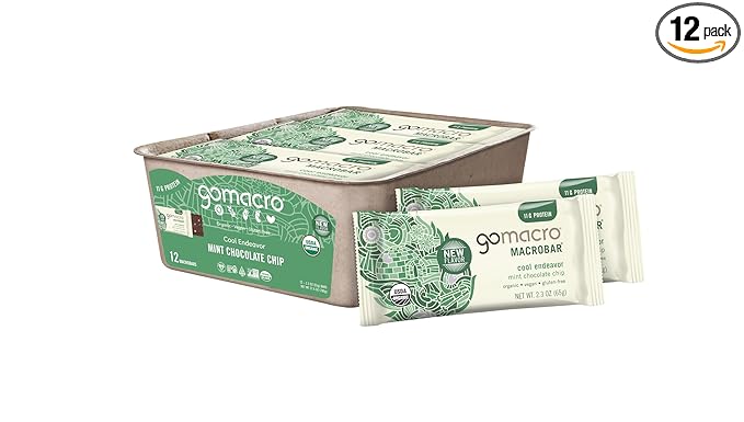 GoMacro MacroBar Organic Vegan Protein Bars - Mint Chocolate Chip, 2.3 Ounce Bars, (Pack of 12)