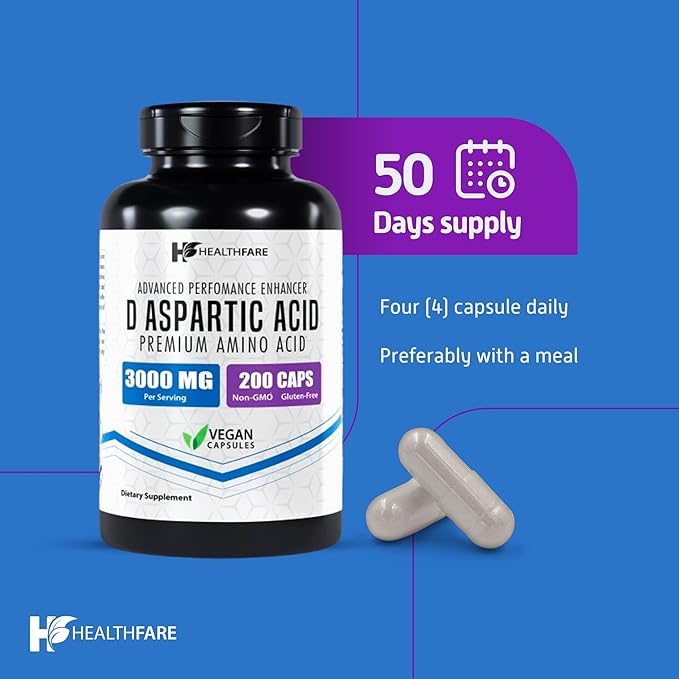 D-Aspartic Acid 3000mg | 200 Veg Capsules | Premium Amino Acid Supplement | Non-GMO | Gluten-Free
