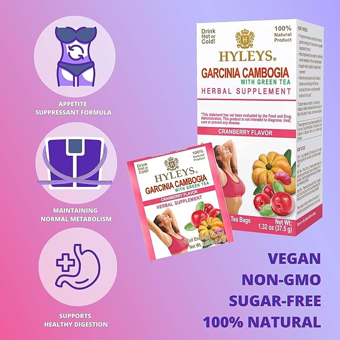 HYLEYS Tea Garcinia Cambogia Green Tea Cranberry Flavor - 25 Tea Bags (6 Pack - 150 Tea Bags Total)