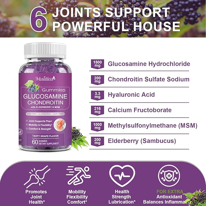 Glucosamine Chondroitin Gummies - Extra Strength Joint Support Supplement with MSM & Elderberry for Natural Joint, Antioxidant Immune Support for Adults, Men & Women-Sugar-Free (2 Pack)