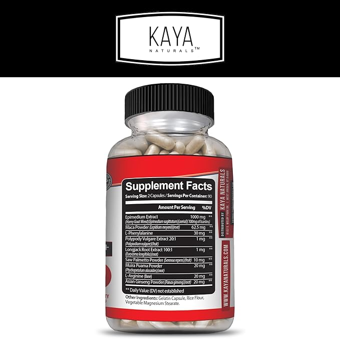Kaya Naturals Horny Goat Weed Extract - Maca - Extra Strength Complex with Saw Palmetto Ginseng, Arginine Vitamin Supplement - Horny Goat Weed - 180 Count
