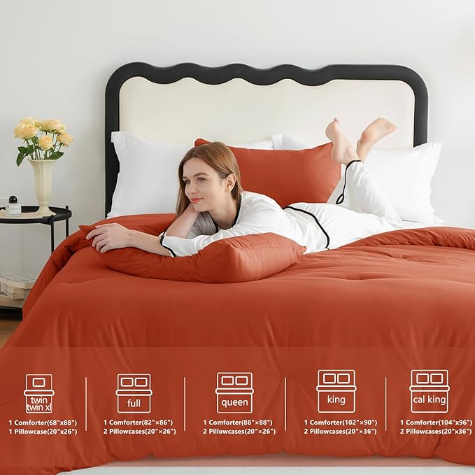 CozyLux Terracotta Comforter Set Full Size, 3 Pieces Solid Burnt Orange Breathable Quilted Style Bedding Sets, Rust Luxury Fluffy Soft Microfiber Comforter for All Season(1 Comforter & 2 Pillowcases)