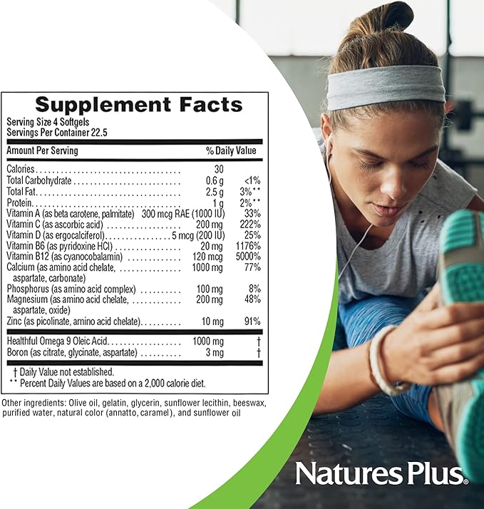 Natures Plus Bone Power with Boron - 1000 mg Calcium, 90 Softgels - Bone & Joint Support Supplement, Liquid Calcium for Maximum Absorption - Milk Free, Gluten-Free - 23 Servings
