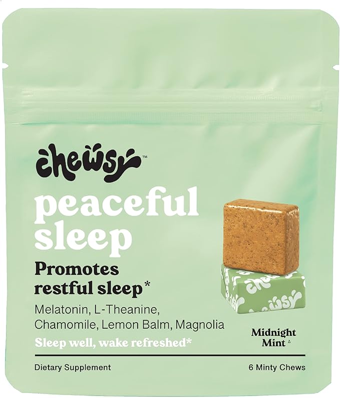 Chewsy Peaceful Sleep Chews, Sleep Support, 3 mg Melatonin, 200 MGS L-Theanine, Chamomile, Lemon Balm, Magnolia, Nighttime Sleep Aid, Naturally Minty Chews, Promotes restful Sleep, 6 -Day Supply (1)