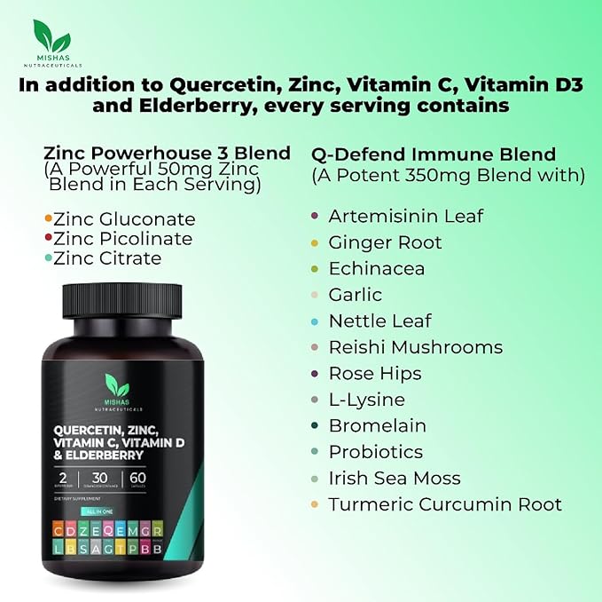 Strength Quercetin with Bromelain, Zinc, Vitamin C & D, Elderberry – Immune & Lung Support Supplement for Women & Men - Artemisinin, Sea Moss, Echinacea & Allergy Relief – Vegan 60 Capsules