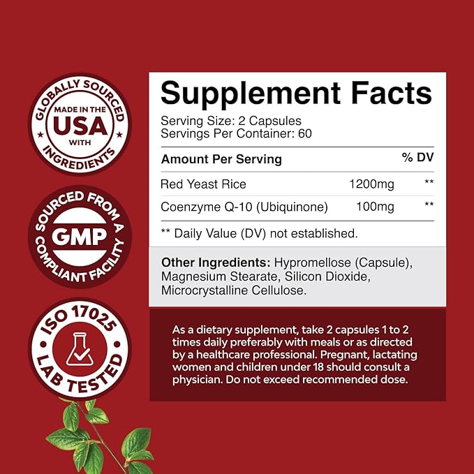 Natures Craft Red Yeast Rice with CoQ10 Supplement - Advanced Healthy Heart Formula for Men & Women - Extra Strength Capsule with 1200 mg per Serving - Vegan & Non-GMO - 120 Count